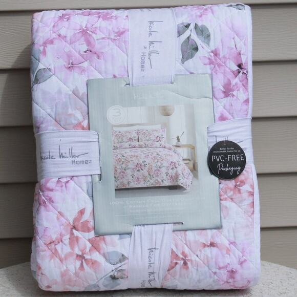 Nicole Miller Home 3 Piece Quilt Set Full/Queen w Shams Floral Print 100% Cotton - Picture 7 of 12